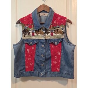 Rhythm Blue Lightweight Denim Vest With Western Landscape Theme Sz L